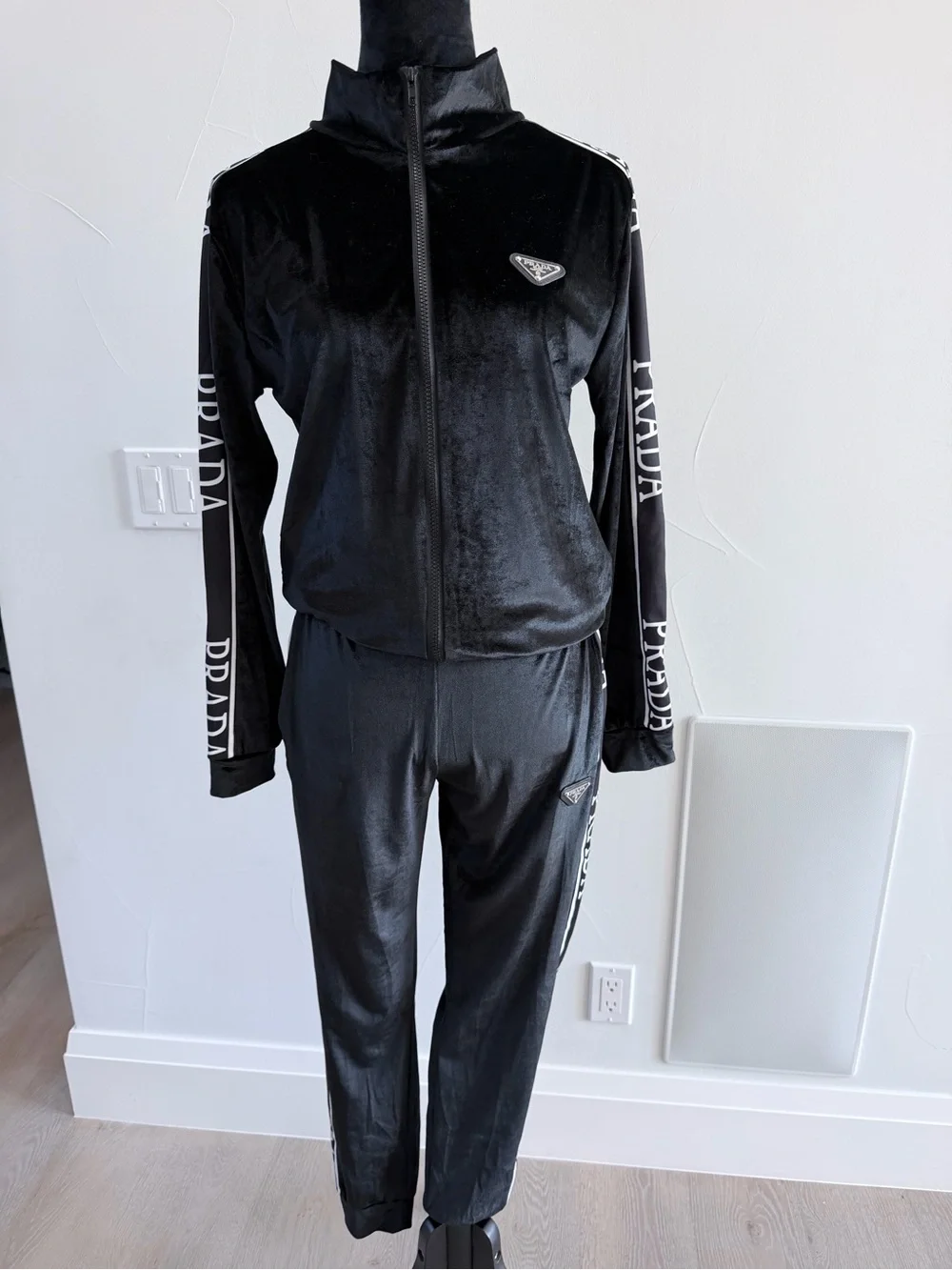 Prada Black Velour Track Jacket & Pants Set size S